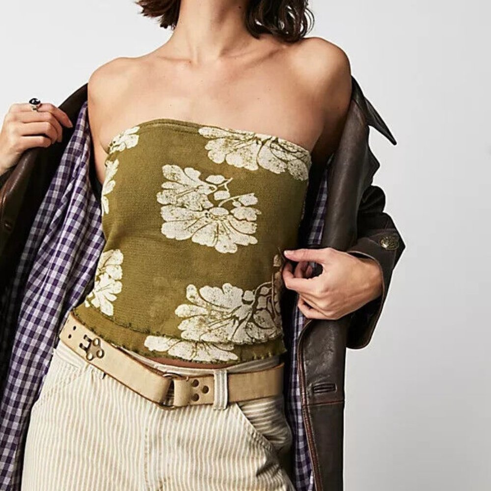 Free People Poppy Tube Top Army Green Combo Strapless Smocked XS - Picture 2 of 8